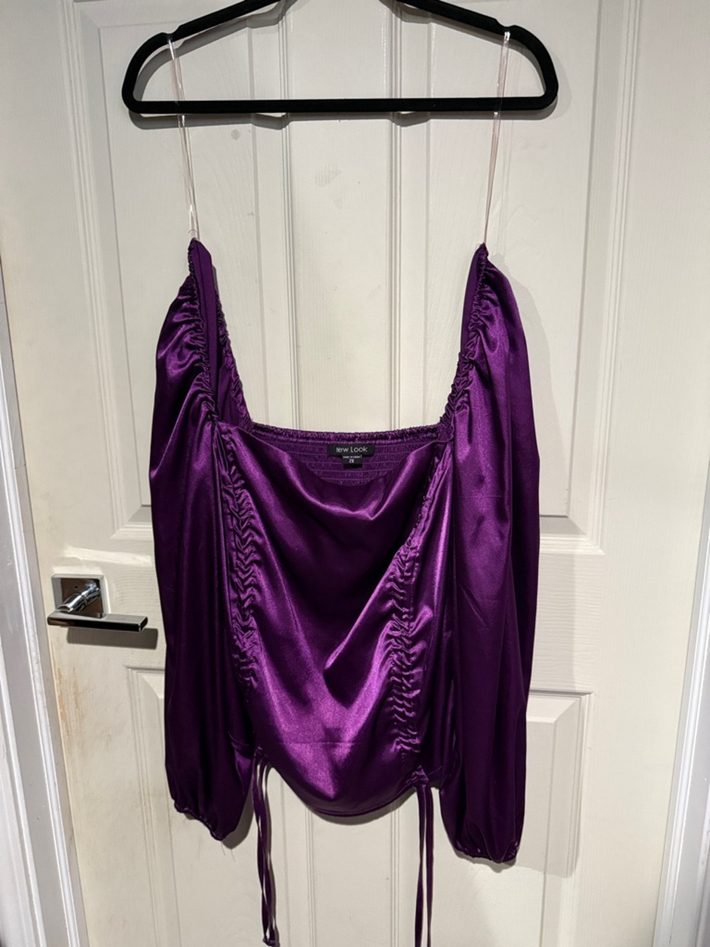 New Look Satin Purple Ruched Camisole with Off-Shoulder Sleeves